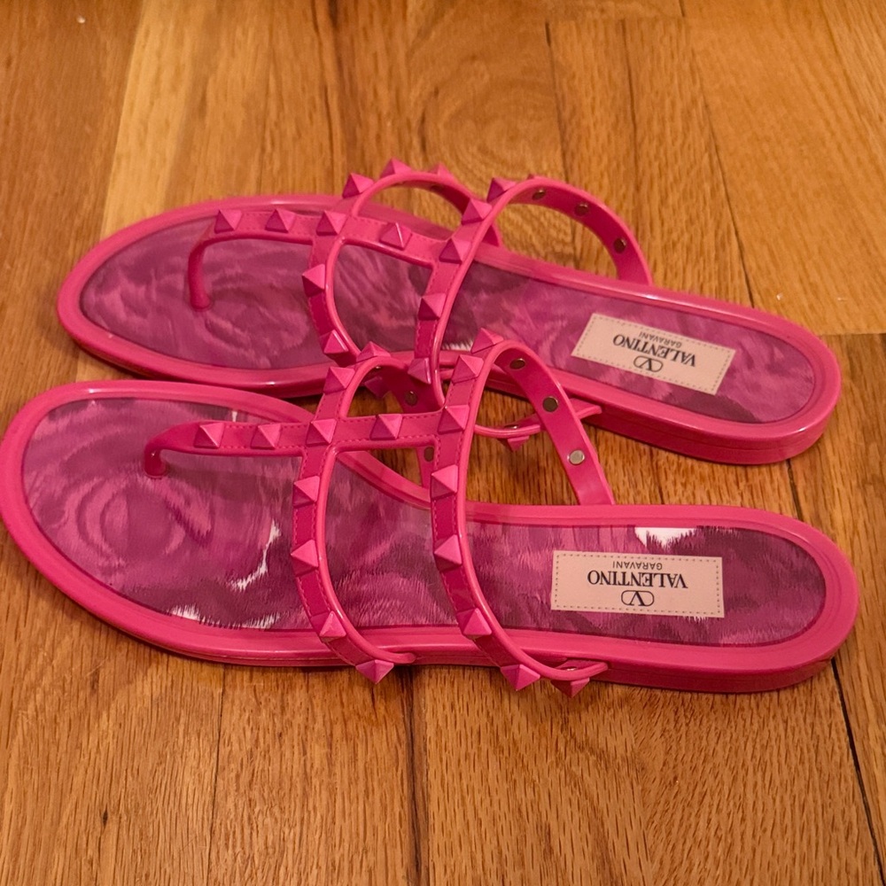 Valentino Bright Pink Rockstud Jelly Thong Sandals